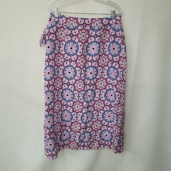 Loft Linen Wrap Skirt Women 10 Pink Blue Mosaic Floral Midi Linen/Viscose New - Picture 5 of 14
